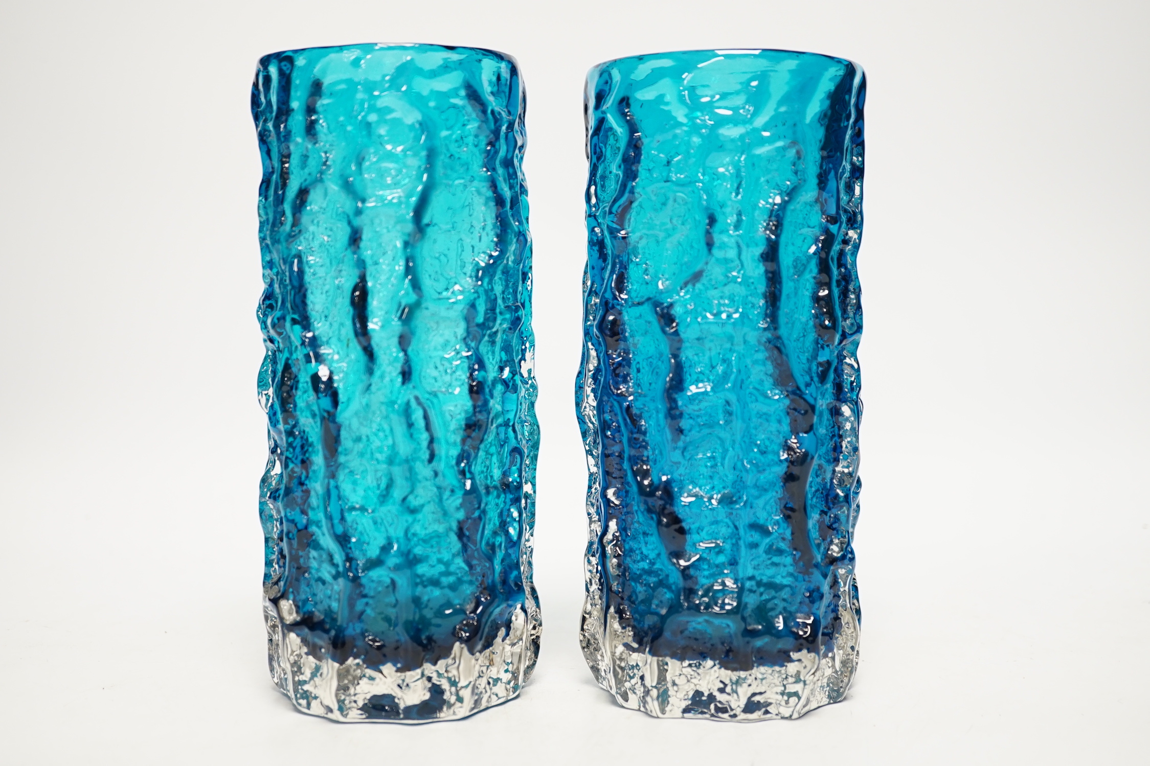 A pair of Whitefriars ‘Bark’ vases in kingfisher blue, 19cm high